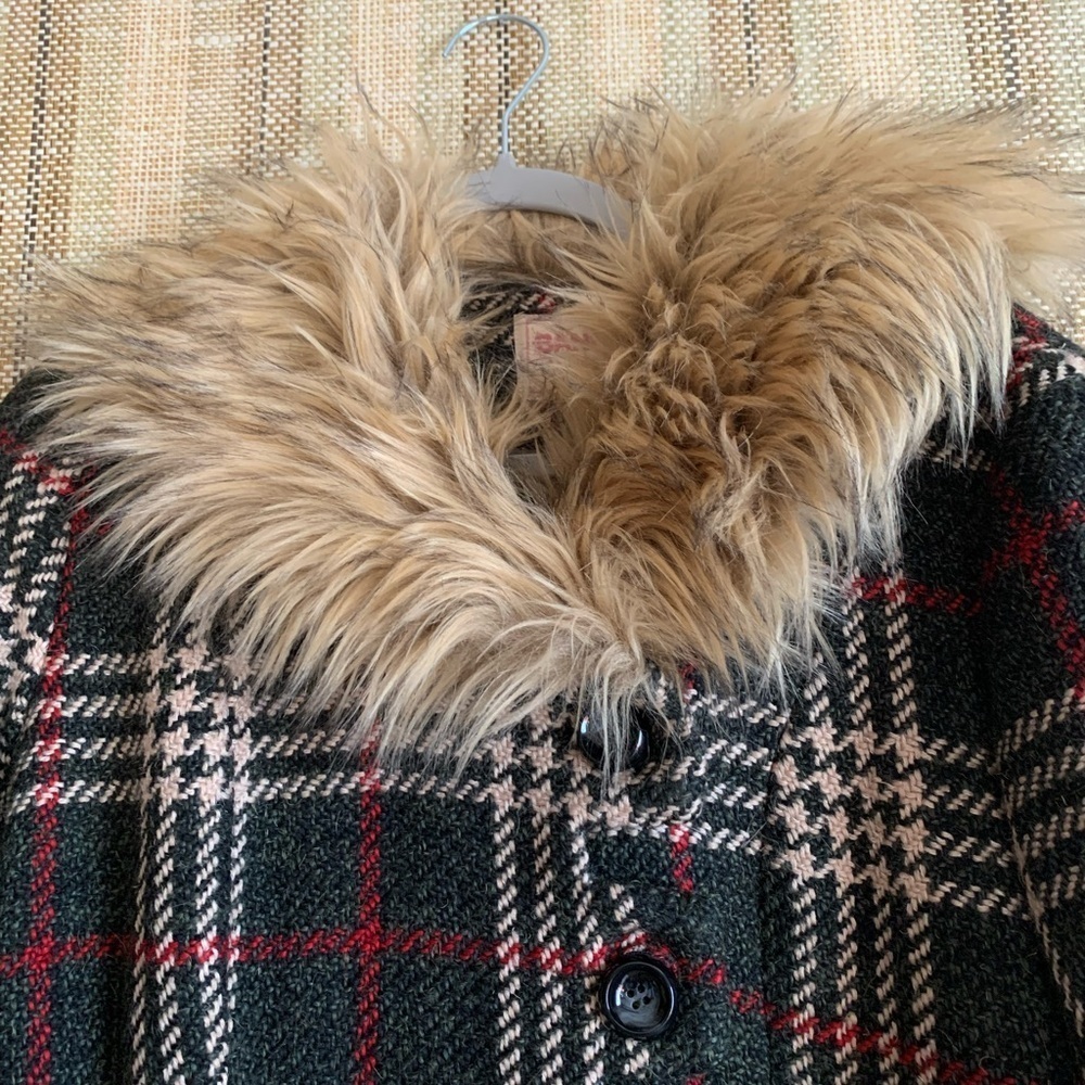 Vintage BANNED Plaid Faux Fur Trim Trench Coat Jacket Chic Fashion Designer - Picture 3 of 6